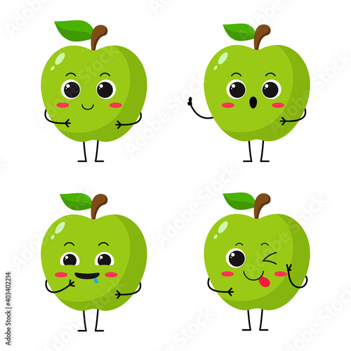 Vector Illustration Flat Green Apple Cute Character expression emotion collection set isolated on white background , minimal style , Raw materials fresh fruit , Mascot product