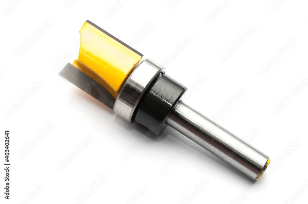 Flush trim router bit for woodworking isolated on white background Flush trim router bit for woodworking isolated on white background