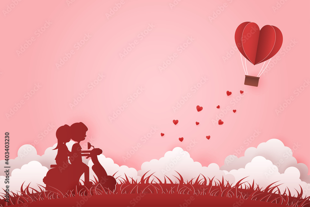 Fototapeta Ilustracja Młoda para randki w Walentynki , para w kasku jedzie na motocyklu . Bezpieczna podróż . Papierowy balon w kształcie serca unoszący się na niebie. Papierowa rzeźba w stylu sztuki, wektor