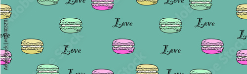 Seamless pattern banner with macaroon cakes and the inscription love on a colored background. seamless print for valentine's day