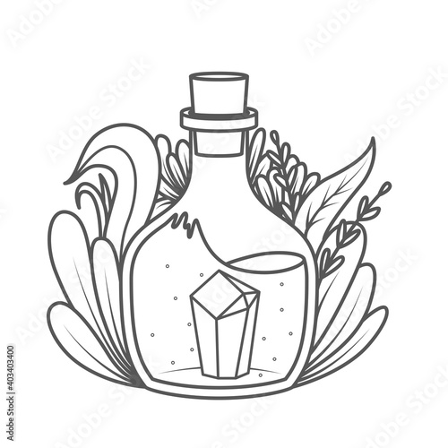 A magical bottle with plants around and a gem inside - coloring book page. Vector illustration
