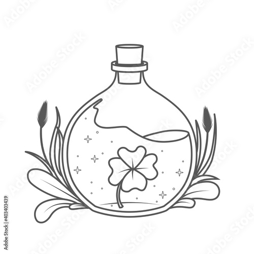 A magical bottle with plants around and a clover inside - coloring book page. Vector illustration
