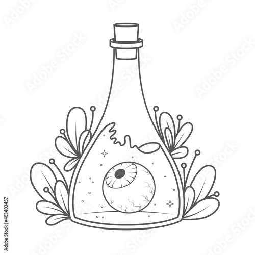A magical bottle with plants around and a eyeball inside - coloring book page. Vector illustration