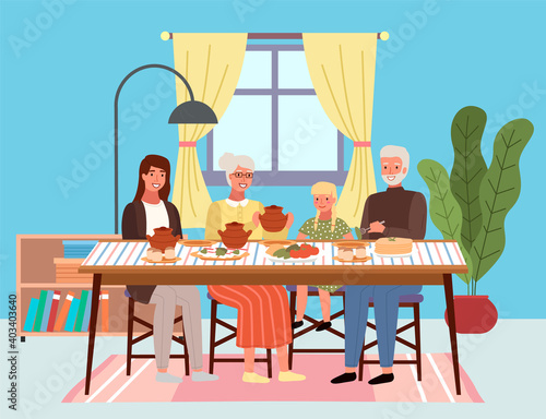 Family at lunch in Russian style at home. Relatives communicating at the dinner table vector illustration. Characters taste traditional dishes and discuss. Dining table with pancakes and borscht