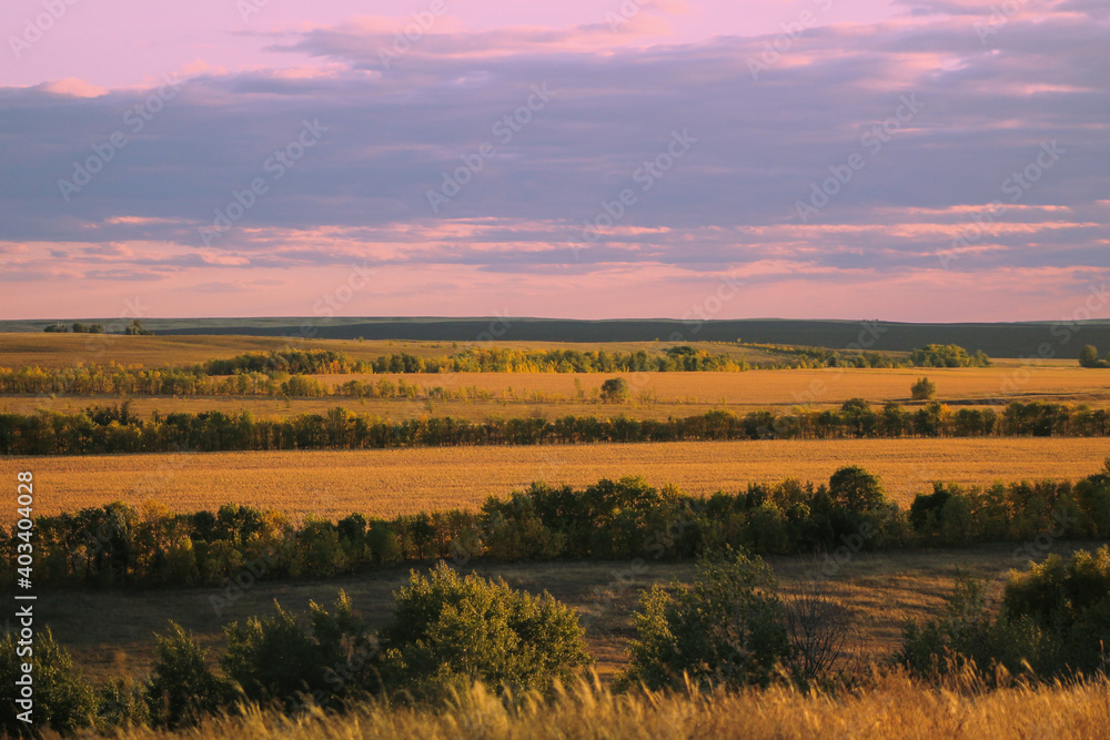 Scenic landscape of countryside on sunset