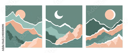 Mountain tops abstract background set, nature landscape full moon vector illustration