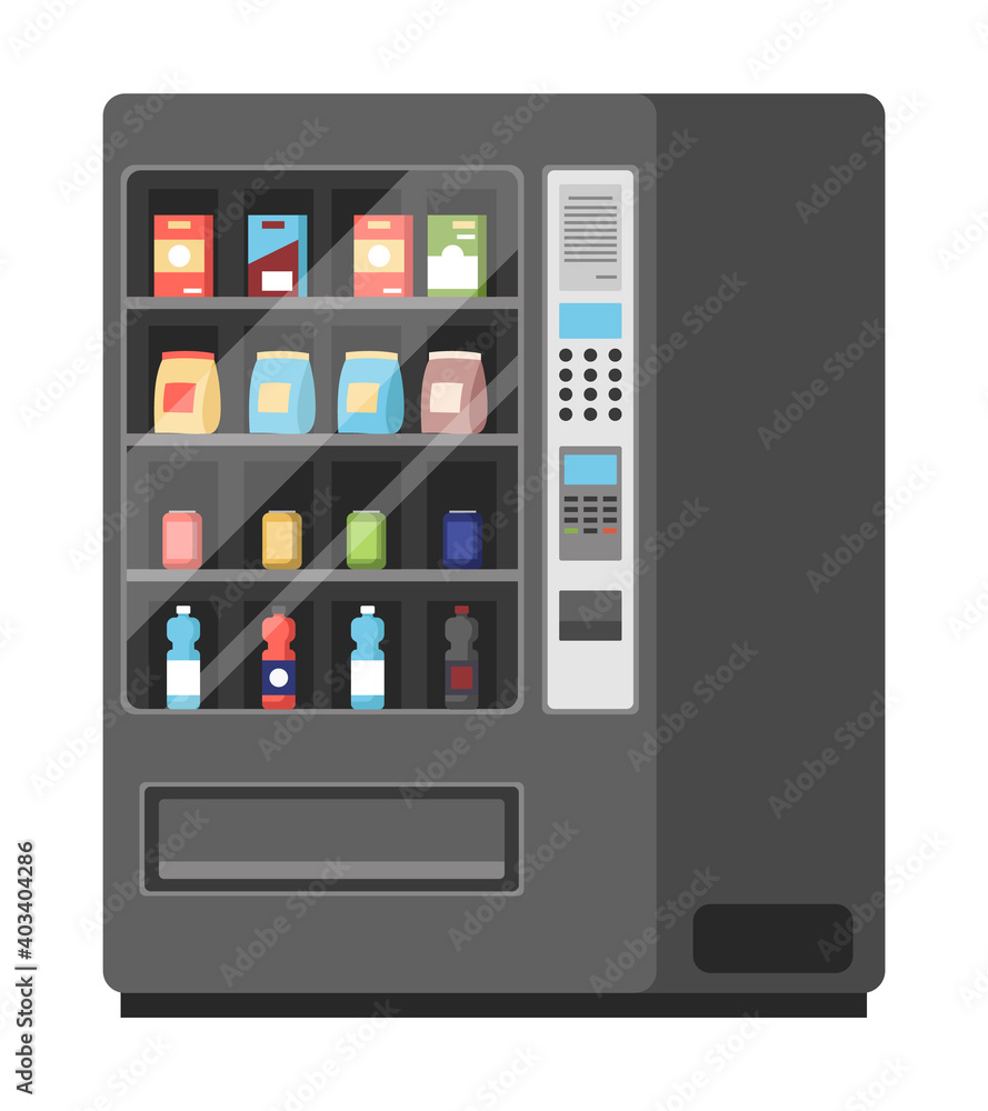Realistic black vending machine with steel body and electronic control panel isolated on white background. Equipment for buying snacks and drinks. Apparatus with food inside vector illustration