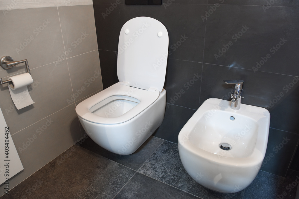 bagno gabinetto toilette wc vater carta igienica bagno piastrelle moderne  pavimentazione bidet Stock Photo