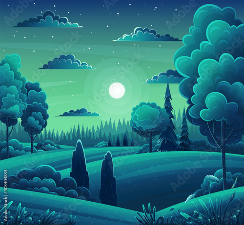 Night mixed forest. Dark blue green background. Meadow, meadow, lawn, lush tree crowns. Christmas trees, spruce, bright moon in sky, stars. Cartoon design for banners, games. Night forest landscape
