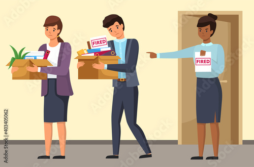 Layoff concept. Boss dismissed employee. Sad man and woman leave the office with things in boxes. Unemployment dismissal of fellow workers. Crisis, jobless and employee job reduction concept