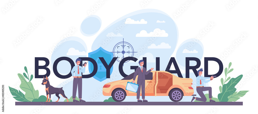 Fototapeta premium Bodyguard typographic header. Surveillance and ptrotection idea.
