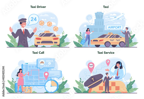 Taxi service concept set. Yellow taxi car. Automobile cab with driver