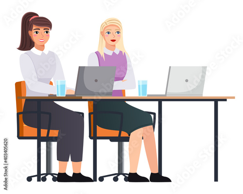 Office staff, work and communication. Head and subordinates. Various workers, managers team. Business employees on their workspace. Office workers. Co-workers. Colleagues discuss project teamwork