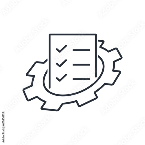 Document and gear. Data processing. Registration of applications. Vector linear icon isolated on white background.