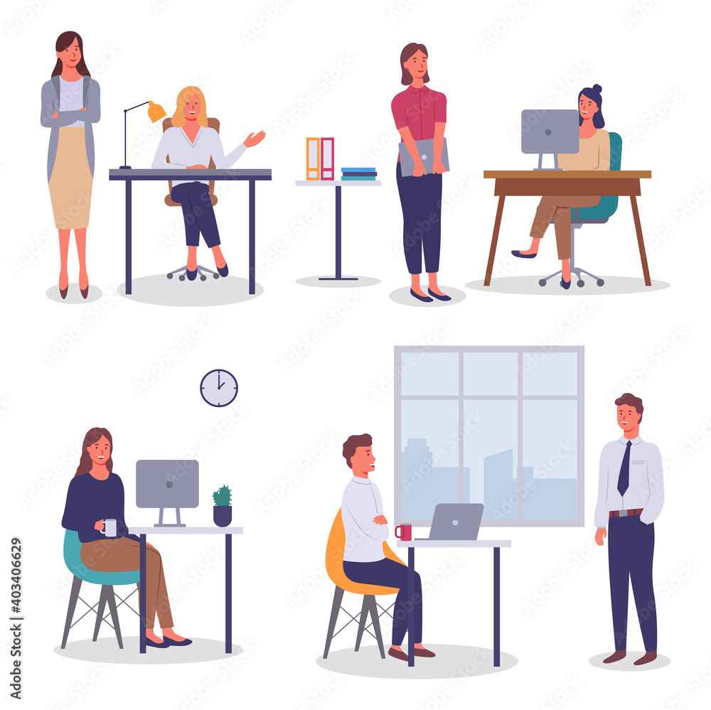 Set of illustrations. Office workers sitting at tables with computers or laptop. Colleagues communication. Women standing near desks. Businesspeople working, smiling. Workplace of manager, employee