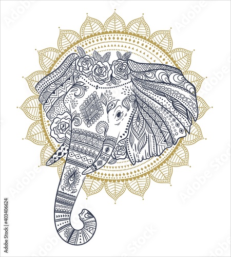 Beautiful hand-drawn tribal style elephant. Colorful design with boho pattern. Ethnic poster, spiritual art, yoga. Indian god Ganesha, Indian symbol. T-shirt print.