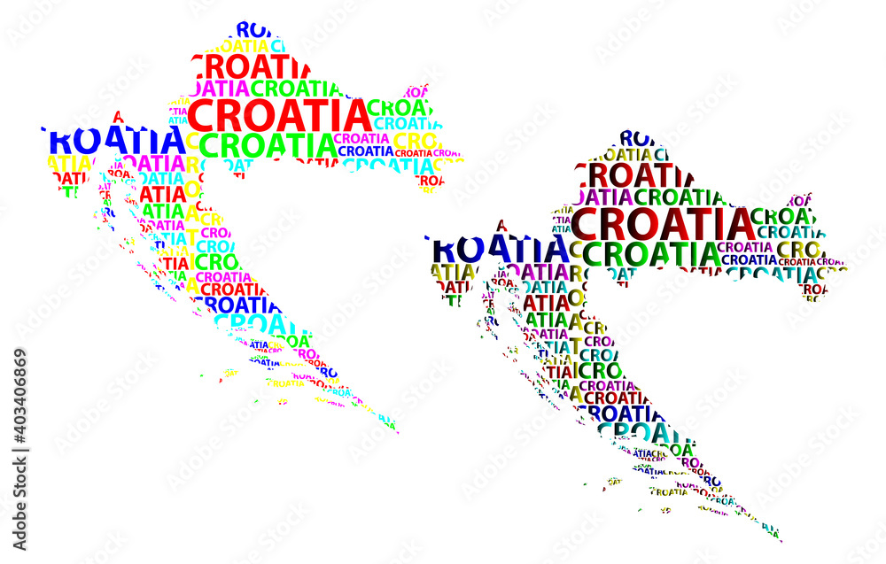 Sketch Croatia letter text map, Croatia - in the shape of the continent, Map Republic of Croatia - color vector illustration Sketch Croatia letter text map, Croatia - in the shape of the continent, Map Republic of Croatia - color vector illustration