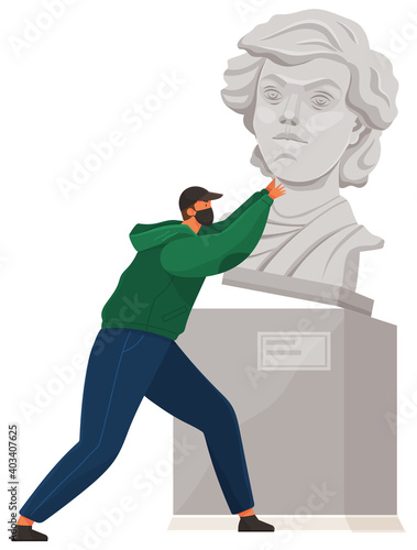 Vandal damaging the monument in public park. Bandit in mask and hood destroy city property. Street gangsters and vandalism concept. Cartoon flat vector illustration with a man breaks the statue
