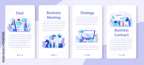 Deal mobile application banner set. Official contract and business handshake.