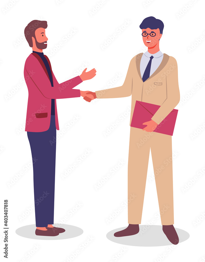 Fototapeta premium Businessmen shake hands, good deal, partnership concept. Business people group communicating standing on white background. Smiling friendly colleagues wearing in formal clothes vector flat design
