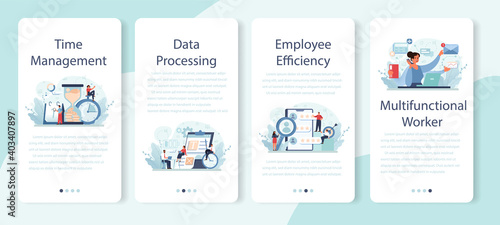 Employee efficiency mobile application banner set. Business staff management