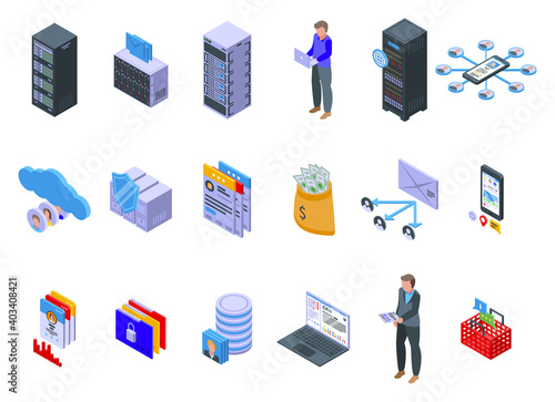 Customer database icons set. Isometric set of customer database vector icons for web design isolated on white background