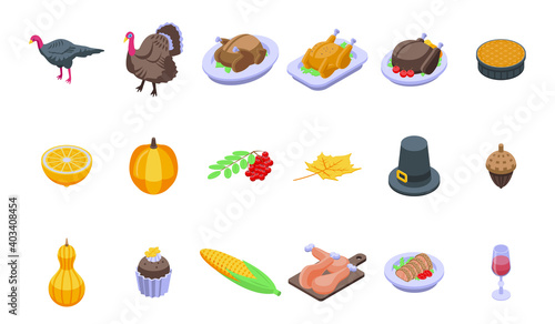 Thanksgiving turkey icons set. Isometric set of thanksgiving turkey vector icons for web design isolated on white background