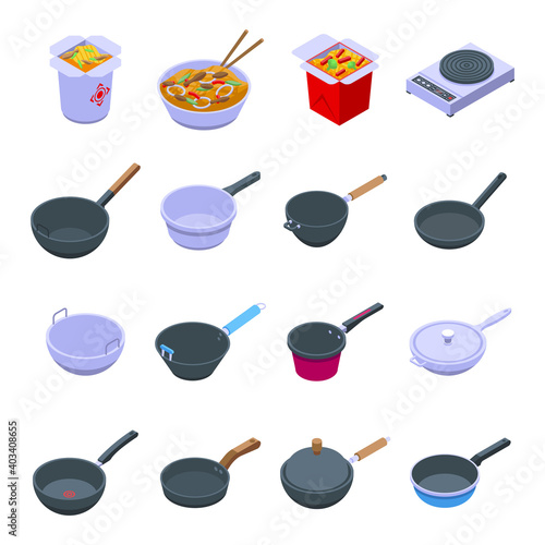 Wok frying pan icons set. Isometric set of wok frying pan vector icons for web design isolated on white background