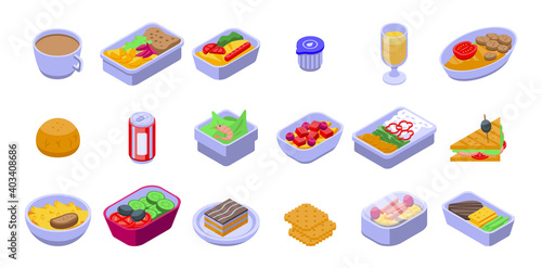 Airline food icons set. Isometric set of airline food vector icons for web design isolated on white background