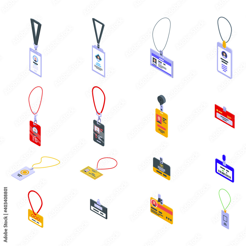 Id card icons set. Isometric set of id card vector icons for web design isolated on white background Id card icons set. Isometric set of id card vector icons for web design isolated on white background