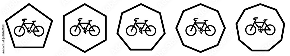 Bicycle icon in polygons with different number of edges. Biking sign Bicycle icon in polygons with different number of edges. Biking sign