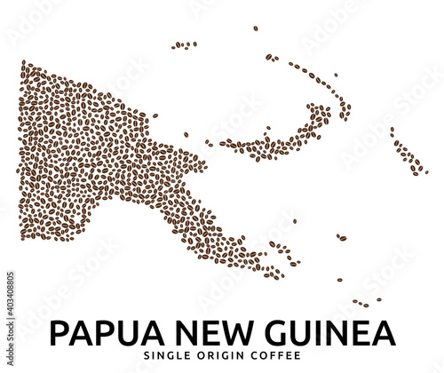 Shape of Papua New Guinea map made of scattered coffee beans, country name below