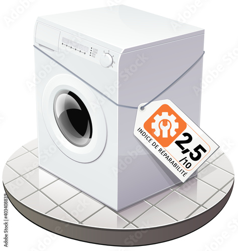 Machine à laver avec une étiquette indiquant un mauvais indice de réparabilité orange (détouré)