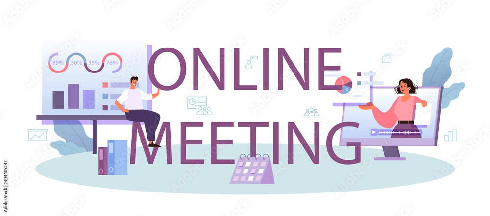 Online meeting typographic header. Businesspeople in front of group