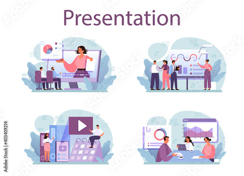 Business presentation concept set. Businesspeople in front of group