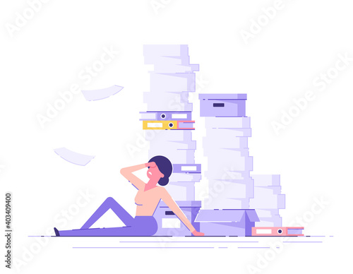 Tired businesswoman sitting on the floor clutching her head  with the piles of paper document around. Overwork concept. Modern vector illustration.