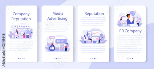 Business reputation mobile application banner set. Building relationship