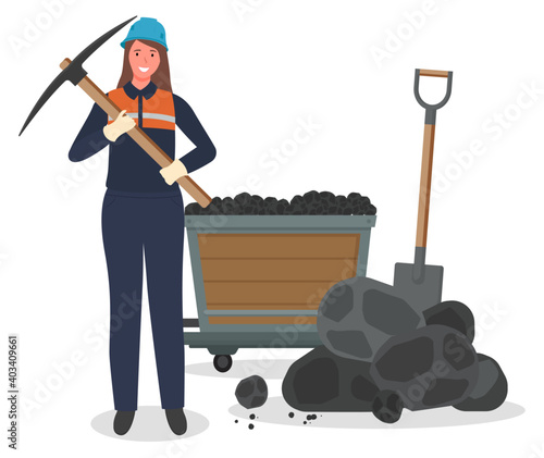 Coal mining, woman miner with pickaxe, hard work, worker in protective helmet, suit, pieces of coal at background, trolley, shovel, not female work, lady working at coal mine, smiling cheerful lady