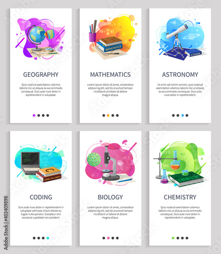 Coding and biology studies vector, school or university disciplines abstract design, chemistry and geography, mathematics and astronomy set. Website or slider app, landing page flat style