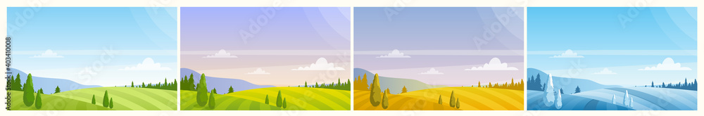 Cartoon panoramic countryside natural scenery, farmland fields on hills, forest on horizon in summer spring autumn winter background. Nature landscape in different seasons vector illustration set.