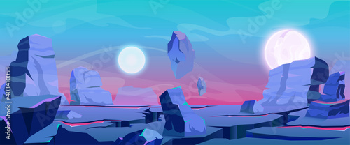 Alien planet landscape, fantasy purple rocks land relief, satellites planets in sky