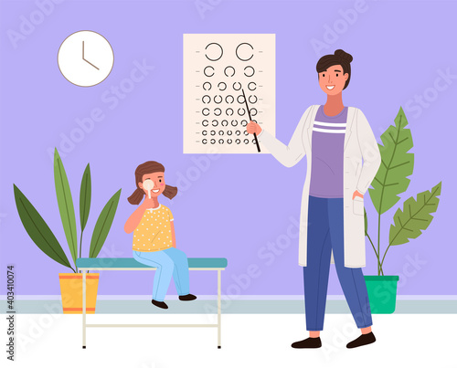 The optometrist checks eyesight of a little girl. The patient looks at the table for a vision test. Table for testing visual acuity in the ophthalmologist s office. Girl at the appointment with doctor
