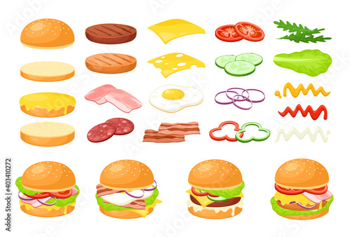 Burger fresh food ingredient set, cartoon fastfood cafe hamburger maker collection