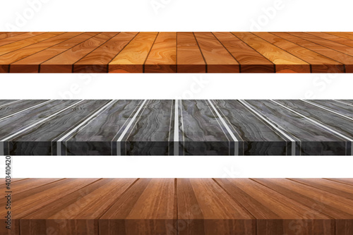 Collection of wooden table tops and shelves isolated on white