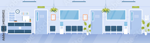 Hospital reception hall clinic interior. Cartoon modern empty medical hallway with bench for waiting patients, receptionist desk counter, no people medicine office background.
