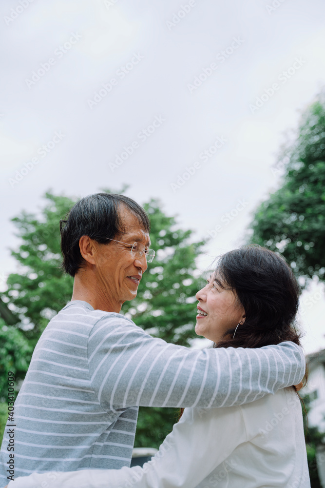 Portrait of senior couple embracing each other at park. Portrait of senior couple embracing each other at park.