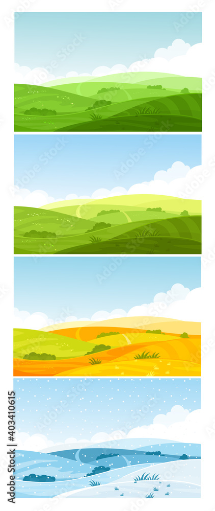 Farmland fields on hills, forest on horizon in summer spring autumn winter background. Nature landscape in different seasons vector illustration set. Cartoon panoramic countryside natural scenery.