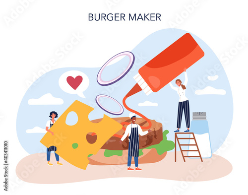 Fast food, burger house concept. Chef cook tasty hamburger