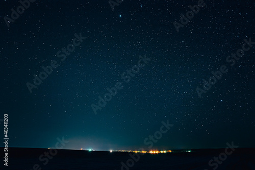 Landscape With Natural Night Sky Stars Background. Starry Sky Over Town