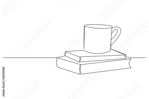 Continuous line drawing of a stack of book beside a cup of coffee at work desk. Writing draft business concept. Modern single one line art draw design vector graphic illustration